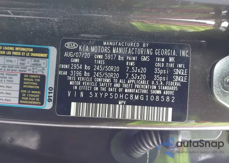 2021 Kia Telluride Sx z USA, uszkodzony, nr VIN 5XYP5DHC8MG108582